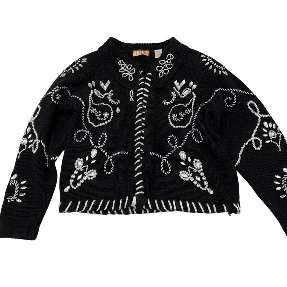 Vintage Cristina Black Knit Embroidered Cardigan Sweater M Ramie & Cotton Womens